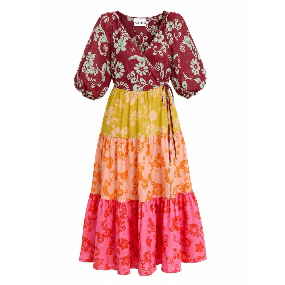 ALEMAIS Luis Wrap Midi Dress 10 Boho Chic Resort  Luxe Statement Euro Summer